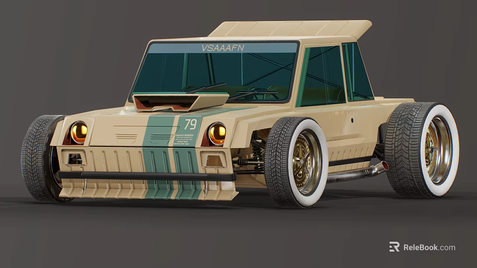 Vintage Racing Car Vision Model Beige With Green Stripes Number 79 White Rims Gold Accents 3d model 