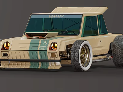 Vintage Racing Car Vision Model Beige With Green Stripes Number 79 White Rims Gold Accents 3d model