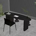 Modern Black Oval Desk With Two Books Decorative Object And Green Plants By Window Blinds