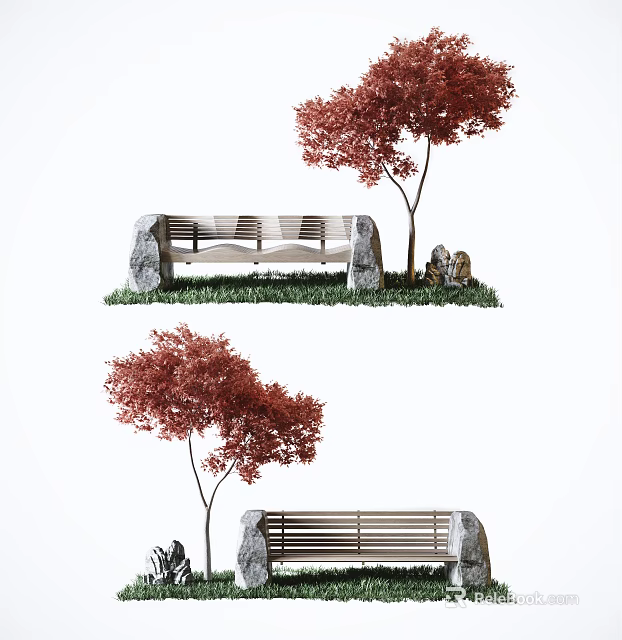 Natural Landscape Bench With Red Tree Grass And Stone Elements 3d model
