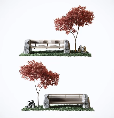 Natural Landscape Bench With Red Tree Grass And Stone Elements 3d model Natural Landscape Bench With Red Tree Grass And Stone Elements 3d model