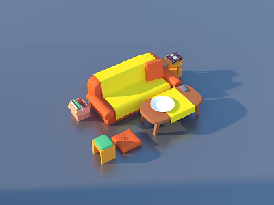 Yellow Sofa With Small Table White Plate Boxes And Stool In Blue Setting 3d model