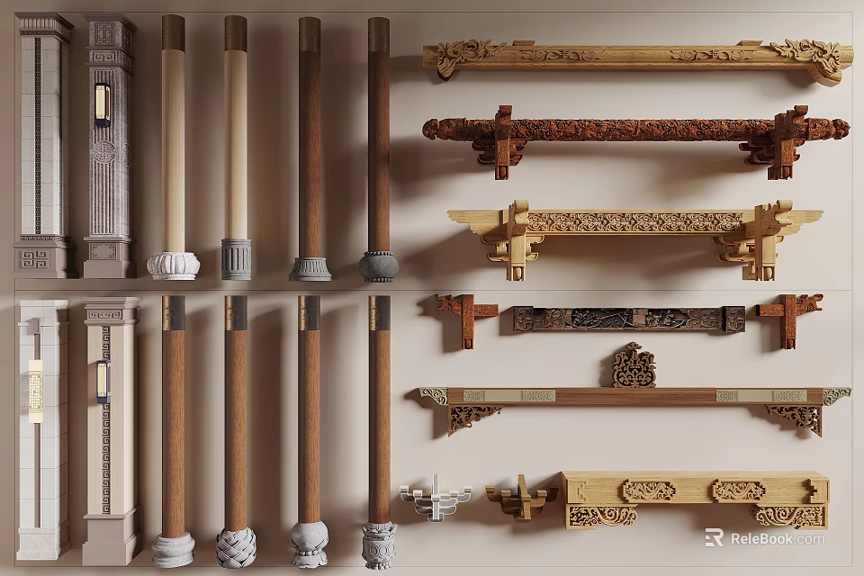 Various Carved Wooden Stone Columns with Decorative Details for Architectural Interior Design 3d model 