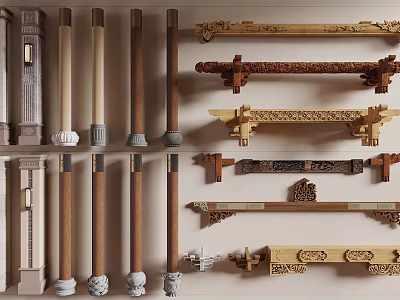 Various Carved Wooden Stone Columns with Decorative Details for Architectural Interior Design 3d model