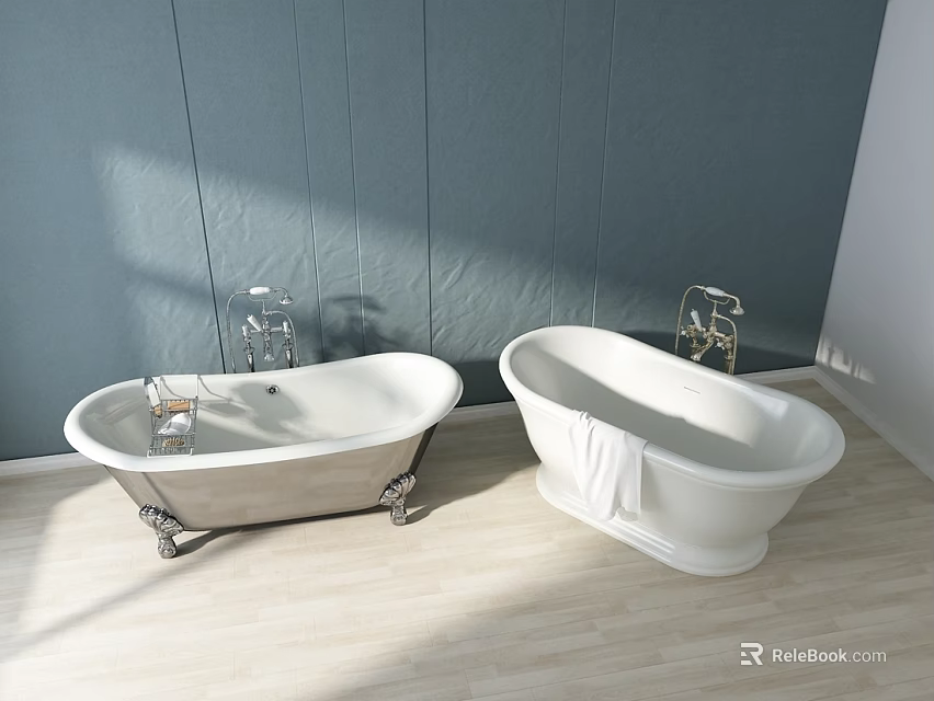 Two White Freestanding Bathtubs With Metal Feet And Towel Against Gray Wall On Light Floor 3d model 