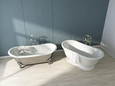 Two White Freestanding Bathtubs With Metal Feet And Towel Against Gray Wall On Light Floor 3d model