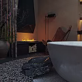 Luxurious Bathroom Interior With Circular Skylight Stone Wall Bathtub Fireplace And Wooden Accents