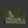 Cartoon Scene with Cozy House Green Pine Trees and White Car on Grass