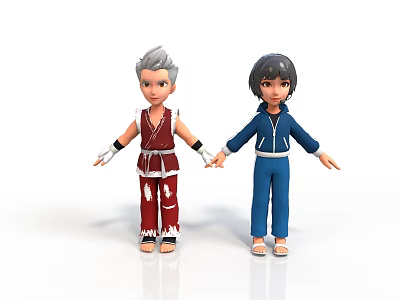 Two Cartoon Characters In Red And Blue Outfits Holding Hands 3d model