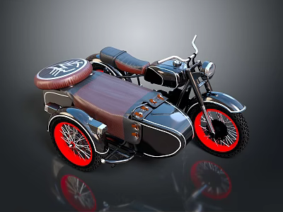 Vintage Style Sidecar Motorcycle With Red Wheels And Leather Seats 3d model