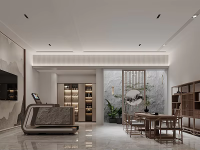 Modern Basement Interior Design With Bookshelves Dining Table Green Plants And TV Wall 3d model