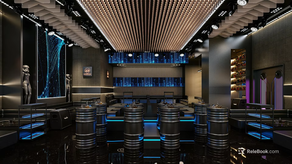 Modern Bar Interior With Wooden Ceiling Blue Lighting Barrel Seats Large Screen And Wine Racks 3d model 