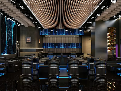 Modern Bar Interior With Wooden Ceiling Blue Lighting Barrel Seats Large Screen And Wine Racks 3d model