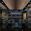Modern Bar Interior With Wooden Ceiling Blue Lighting Barrel Seats Large Screen And Wine Racks