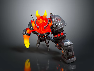 Armored Flame Demon Warrior With Red Orange Fire Body Yellow Horns And Hammer Weapon 3d model