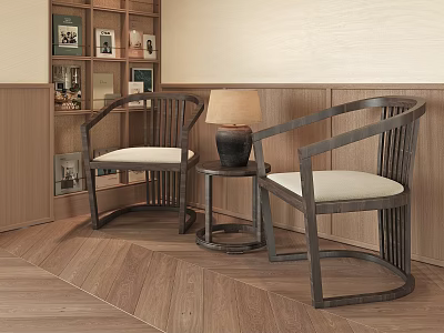 Wooden Single Armchair with Light Cushion Small Round Table Table Lamp and Wooden Wall Bookshelf 3d model