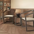Wooden Single Armchair with Light Cushion Small Round Table Table Lamp and Wooden Wall Bookshelf
