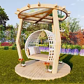 Wooden Spherical Hanging Chair In Outdoor Garden With Green Plants And Flower Beds On Lawn