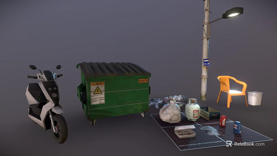 White Motorcycle Parked Near Green Dumpster Street Lamp Orange Chair And Trash On Ground 3d model 