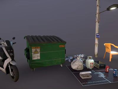 White Motorcycle Parked Near Green Dumpster Street Lamp Orange Chair And Trash On Ground 3d model
