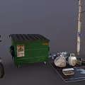 White Motorcycle Parked Near Green Dumpster Street Lamp Orange Chair And Trash On Ground