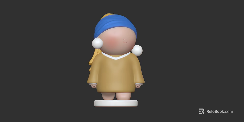 Cute Game Movie Character Blue Headscarf Yellow Hair Brown Clothes With White Pearl Earrings 3d model 