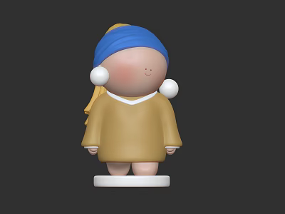 Cute Game Movie Character Blue Headscarf Yellow Hair Brown Clothes With White Pearl Earrings 3d model