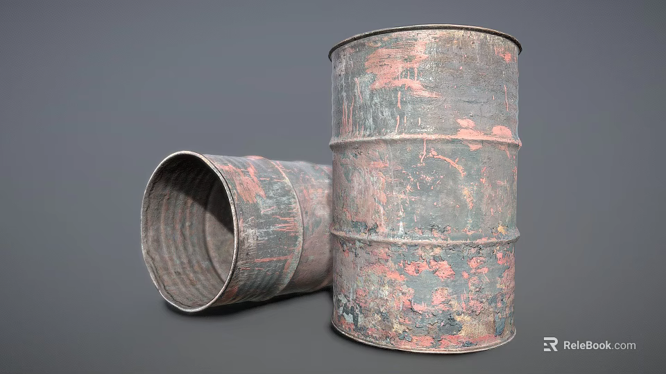 Rusted Metal Barrels With Peeling Paint Gray Black And Pink One Standing One Lying 3d model