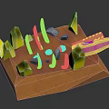 Rocky Terrain Model Displaying Orange Peaks Yellow Layers Black Stones And Wooden Boat