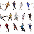 Multiple Football Players in Various Action Poses Kicking Running with Soccer Balls