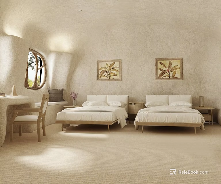 Minimalist Hotel Room Interior With Twin Beds Wooden Furniture And Arched Window 3d model 