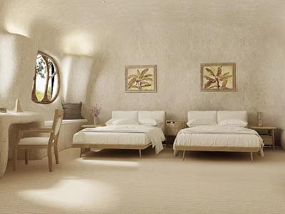 Minimalist Hotel Room Interior With Twin Beds Wooden Furniture And Arched Window 3d model