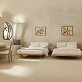 Minimalist Hotel Room Interior With Twin Beds Wooden Furniture And Arched Window