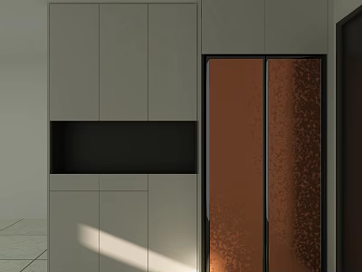 Modern Sideboard Cabinet With White Cabinets Copper Doors And Black Open Shelf 3d model