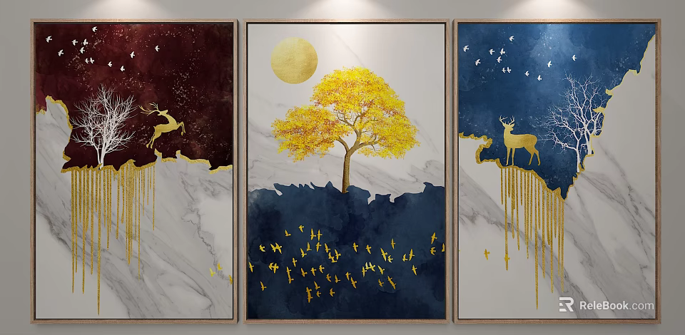 Modern Decorative Triptych Artworks With Golden Deer Tree Moon And Birds 3d model 
