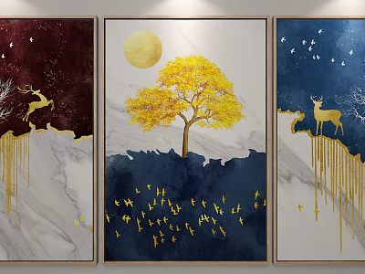 Modern Decorative Triptych Artworks With Golden Deer Tree Moon And Birds 3d model