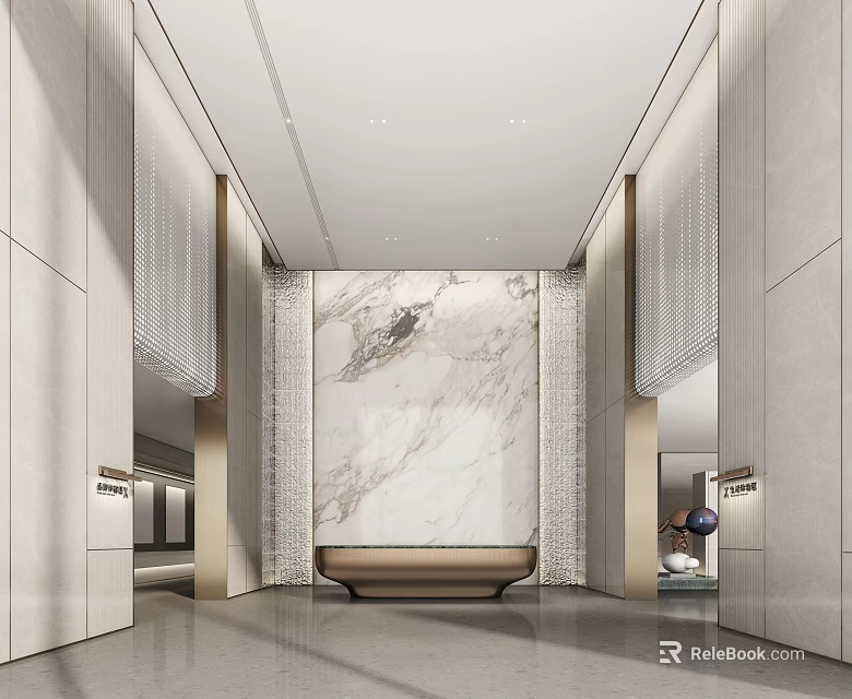 Elegant Modern Sales Office Interior Design With Spacious Layout Marble Wall And Bench 3d model 