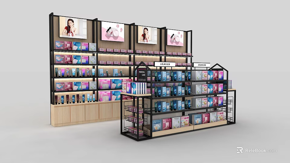 Supermarket Department Store Merchandise Display With Shelves And Billboard Ads 3d model 