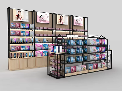 Supermarket Department Store Merchandise Display With Shelves And Billboard Ads 3d model