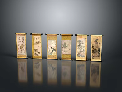 Six Traditional Chinese Scroll Paintings With Gold Framed Floral Landscape For Home Decor 3d model