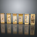 Six Traditional Chinese Scroll Paintings With Gold Framed Floral Landscape For Home Decor