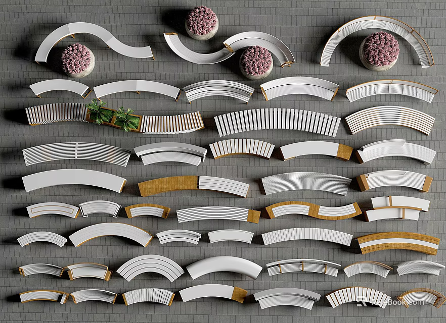 Landscape Seats With Various Curved Designs And Different Materials For Outdoor Spaces 3d model 