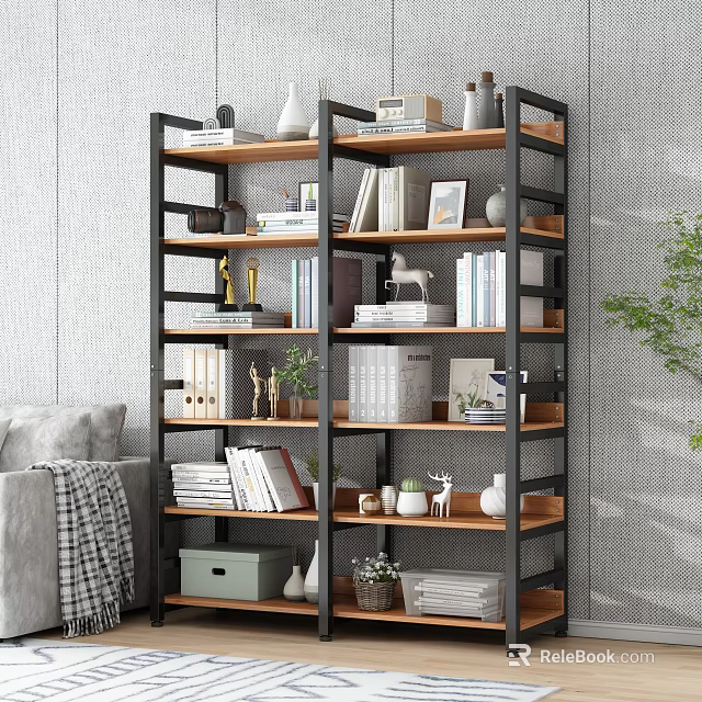 Modern Minimalist Living Room Shelving Unit With Metal Frame Wooden Shelves Books Decor And Plants 3d model 