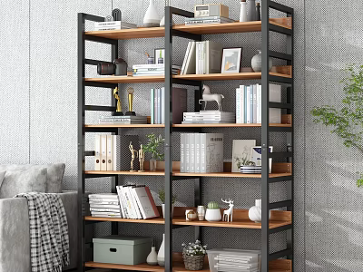 Modern Minimalist Living Room Shelving Unit With Metal Frame Wooden Shelves Books Decor And Plants 3d model