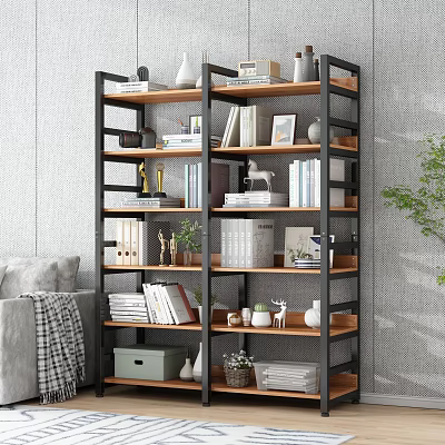 Modern Minimalist Living Room Shelving Unit With Metal Frame Wooden Shelves Books Decor And Plants 3d model