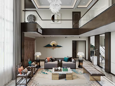 Duplex Living Room Interior Design With Open Layout Chandelier Sofa Coffee Table And Rug 3d model
