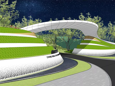 Modern Building Exterior With Curved White Facade Green Lawn Trees And Night Sky 3d model