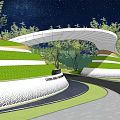 Modern Building Exterior With Curved White Facade Green Lawn Trees And Night Sky