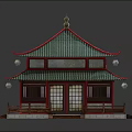 Cartoon Scene of Chinese style Building with Green Roof Red Accents Lanterns and Wooden Structure Steps