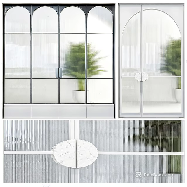 Arched Glass Doors With White Frames Frosted Panels And Green Plants 3d model 